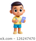 Young boy holding finance notebook and pen, learning about flood insurance and safety with cheerful expression, promoting financial education 126247470