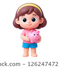 Young girl holding piggy bank with happy expression symbolizing flood insurance safety and financial protection 126247472