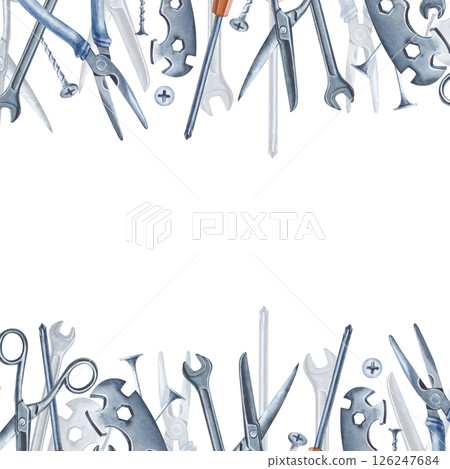 Watercolor banner with hand-drawn male instruments. There is an empty space in the middle for insertion. A square frame with working iron repair tools. Watercolor banner with hand-drawn male instruments. There is an empty space in the middle for insertion. A square frame with working iron repair tools. 126247684
