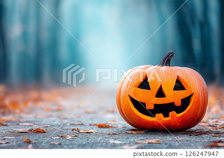 Halloween pumpkin sitting on path in foggy forest 126247947