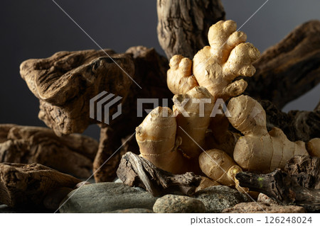 Ginger root with old snags and stones on a black background. Ginger root with old snags and stones on a black background. 126248024