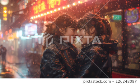 overjoyed multiethnic lesbian couple hugging and looking at each 126248087