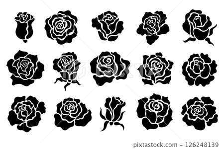 Rose silhouette icon. Black floral decorative elements, simple stamp flower bud, abstract roses botanical stamps for logo. Vector floral tattoo isolated set Rose silhouette icon. Black floral decorative elements, simple stamp flower bud, abstract roses botanical stamps for logo. Vector floral tattoo isolated set 126248139