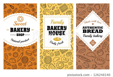 Bakery label. Baked bread logo design, product stickers with backed pastry and desserts, flour loaf baguette, croissant and bun. Bakery shop logo vector set 126248140