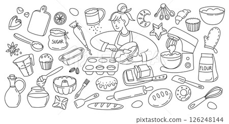 Doodle bake icons. Baking pastry bread and cookies tools and ingredients, flour sugar eggs dough whisk rolling pin, homemade bakery pastry elements. Vector isolated set 126248144