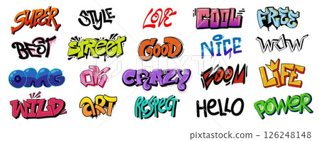 Street art graffiti. Urban wall spray painting, cool hip hop culture ink blots and scribbles, funky colorful teenage graffiti font and calligraphy street art elements. Vector set 126248148