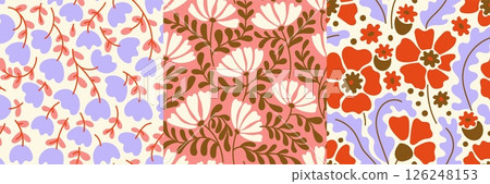 Groovy floral pattern. Flowery girl wallpaper, seamless print of colorful retro flowers and leaves, abstract flower background, cute blooming daisy fabric design. Vector texture Groovy floral pattern. Flowery girl wallpaper, seamless print of colorful retro flowers and leaves, abstract flower background, cute blooming daisy fabric design. Vector texture 126248153