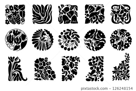 Abstract floral shape. Groovy retro flower graphic, vintage spring leaves decor elements, modern creative decorative foliage, 70s flower pattern. Vector flourish botanical set 126248154