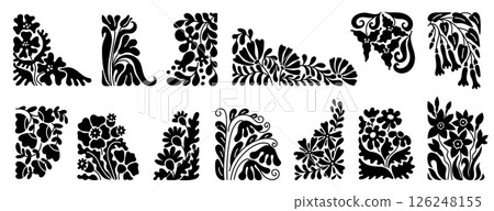 Groovy floral borders. Abstract flower frame element with decorative botanic silhouettes, retro minimal boho leaf plant corner vintage design. Vector naive flourish set Groovy floral borders. Abstract flower frame element with decorative botanic silhouettes, retro minimal boho leaf plant corner vintage design. Vector naive flourish set 126248155