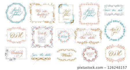 Rustic wedding monogram. Floral decorative frames, flower wreath and branches, initials banner design, vintage elegant flourish ornament borders. Vector wedding frame set Rustic wedding monogram. Floral decorative frames, flower wreath and branches, initials banner design, vintage elegant flourish ornament borders. Vector wedding frame set 126248157