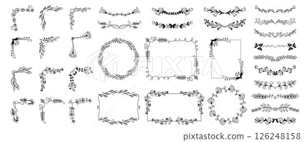 Doodle floral border. Decorative flourish frames, flowers and leaves corners, wedding invitation card ornamental dividers, cute flower circle decoration. Vector floral framing set 126248158