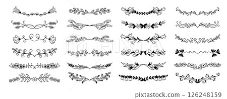 Flourish ornament decor line. Decorative floral text dividers, vintage doodle flower arabesque frames and borders for wedding invitation. Vector ornamental floral set 126248159