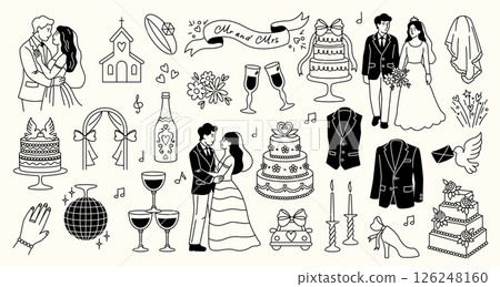 Hand drawn marriage. Wedding celebration romantic elements, cute doodle icons with bride groom rings cake flowers champagne. Vector wedding sketch set 126248160