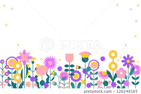 Flower field border background. Geometric floral spring summer garden banner with blooming plants, abstract simple flowers bloom decorative greeting card frame. Vector illustration 126248165