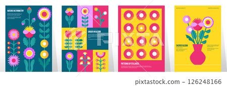 Geometric flowers postcard. Abstract floral spring summer pattern for background design, modern banners with geometry flower leaves and bouquet in vase. Vector floral posters set Geometric flowers postcard. Abstract floral spring summer pattern for background design, modern banners with geometry flower leaves and bouquet in vase. Vector floral posters set 126248166