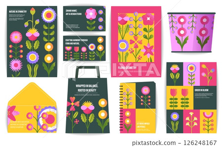 Flowers corporate identity. Floral business invitation card mockup, geometric flower brochure flyer poster banners. Vector minimal abstract blossom stationery branding template Flowers corporate identity. Floral business invitation card mockup, geometric flower brochure flyer poster banners. Vector minimal abstract blossom stationery branding template 126248167