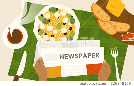 Reading newspaper top view. Daily paper press with news, persons hands holding morning news, table with coffee cup and breakfast. Vector morning magazine illustration 126248169