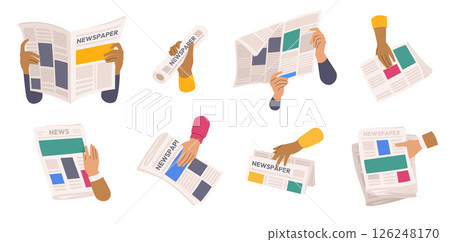 Cartoon newspaper in hands. Morning press and news journals folded and opened, business man hands with paper journal, daily news concept. Vector illustration 126248170