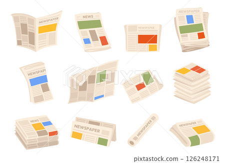Cartoon newspaper. Daily journal press tabloid with headline front page, city paper magazine newsprint publication, folded daily journal and newspapers. Vector set 126248171