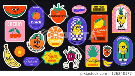 Retro cartoon fruit sticker. Comic patch with pineapple, berry, cherry, apple, strawberry, lemon and banana, cute fruits retro stickers. Vector food badge collection 126248172