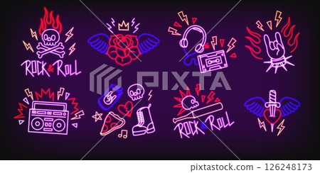 Neon rock. Retro Rock n Roll glowing logo with punk neon signs for music festival poster or rock pub, night club neon signboard design. Vector 80s rock and roll set 126248173