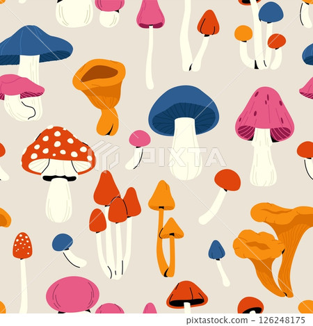 Autumn mushrooms pattern. Fall forest cartoon mushroom seamless print, decorative background with colorful toadstool and edible mushroom for wallpaper design. Vector texture 126248175