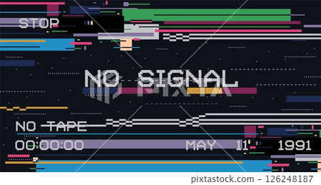 Glitch signal background. Retro VHS tape with television screen distortion, digital video error glitches and static noise, 90s vintage TV pixel glitchy texture. Vector illustration Glitch signal background. Retro VHS tape with television screen distortion, digital video error glitches and static noise, 90s vintage TV pixel glitchy texture. Vector illustration 126248187