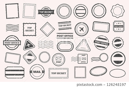 Postal stamp. Vintage travel postmark seal collection with different shapes and sizes, old paper mail delivery marks for postcard or letter. Vector stamps isolated set 126248197