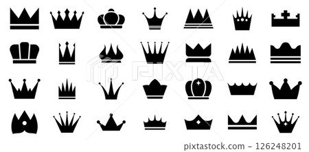 Crown icon. Royal king queen prince crowns silhouettes, crowned authority symbols, luxury imperial minimal doodle elements for logo design. Vector isolated set 126248201