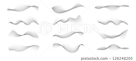Dot halftone wave. Abstract line pattern, black dotted curve shapes, wavy dots and particles gradient texture, modern retro half tone design. Vector point waves set 126248205