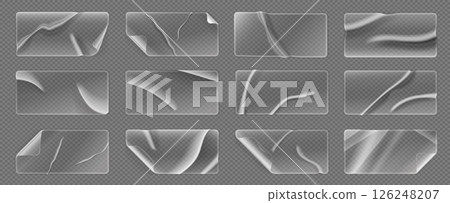 Transparent plastic sticker. Realistic adhesive tape, clear cellophane bandage and wrinkled plastic foil labels for mockup design. Vector isolated stickers set Transparent plastic sticker. Realistic adhesive tape, clear cellophane bandage and wrinkled plastic foil labels for mockup design. Vector isolated stickers set 126248207