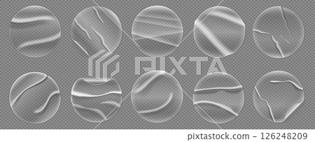Transparent circle sticker. Round paper label mockup with adhesive glue effect, realistic circular tags for sale price. Vector isolated patch set 126248209