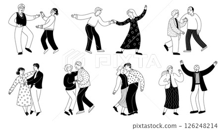 Old couple dancing. Senior people dance together, happy elderly persons enjoy romantic activity, senior man and woman dancers. Vector sketch elder age romantic characters 126248214
