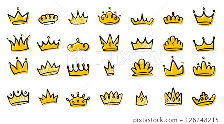 Hand drawn prince crown. Doodle king and queen crowns, royal heraldic decorative logo elements, royal kings queens golden crown vintage sketch icons. Vector princess tiara set 126248215