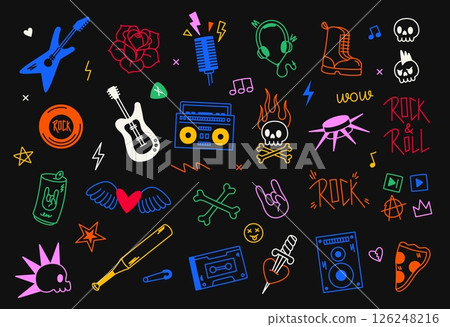 Punk rock icon. Doodle underground music sticker, rock guitar heart microphone skull guitar stickers, musical band logo and emblem design. Vector rock n roll set 126248216