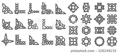 Celtic ornamental corners. Irish border frame of knotted ornate traditional Celtic decoration, knot corner elements, fancy page framing medieval design art. Vector isolated set Celtic ornamental corners. Irish border frame of knotted ornate traditional Celtic decoration, knot corner elements, fancy page framing medieval design art. Vector isolated set 126248219