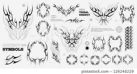 Tribal shape cover. Y2k cyber gothic abstract neo-tribal frames with ornamental tattoo elements, artistic metal streetwear design. Vector tribalistic tattoos set Tribal shape cover. Y2k cyber gothic abstract neo-tribal frames with ornamental tattoo elements, artistic metal streetwear design. Vector tribalistic tattoos set 126248229