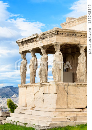 The Porch of the Caryatids on Erechtheion, Acropolis of Athens, Greece. Vertical shot. 126248343