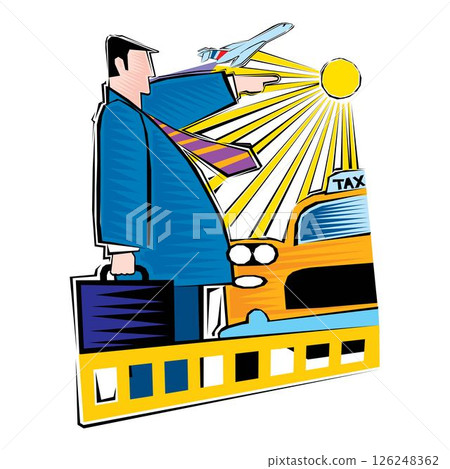 Clipart of Businessman traveling by taxi or airplane 126248362
