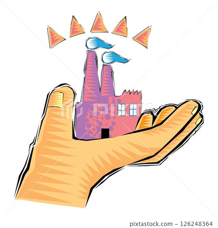 hand holding a factory on top of palms controlling the business design vector illustration 126248364