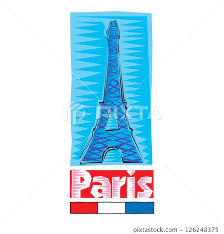 Clipart of Paris Colorful hand drawn Eiffel tower isolated on blue background 126248375