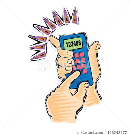 Hand holding, using calculator icon. Accountant calculating finance, counting, pressing buttons with finger 126248377