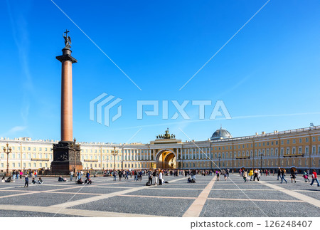 Alexander column with an angel on the Palace Square in St. Petersburg, Russia. 126248407