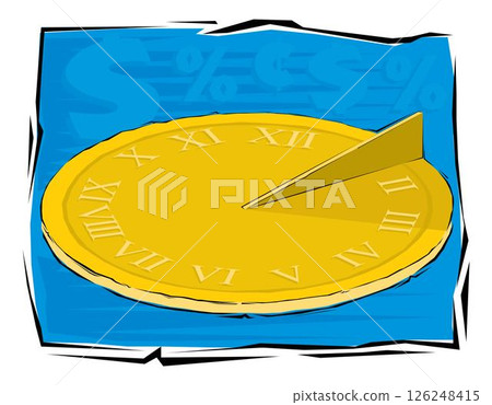 Color vector of a gold sundial on a blue background. Sundial in Flete Cartoon style Color vector of a gold sundial on a blue background. Sundial in Flete Cartoon style 126248415