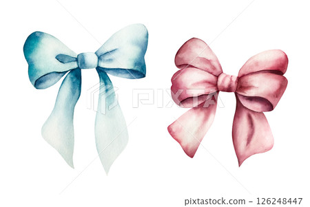 Decorative blue and red bows with long ribbon. Watercolor accessory of little girl. Hand drawn illustration isolated on background, transparent png. Botanical and wedding illustration. Baby shower 126248447