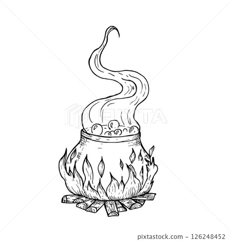 Vector Mystical cauldron glowing with magical fire. Hand painted linear wizard halloween illustration. Graphic magic monochrome sketch isolated on background. For designers, prints, logo, icon, menu 126248452