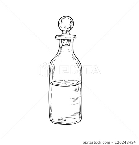Vector Glass potion bottle with cork. Hand painted linear wizard halloween illustration. Graphic magic monochrome sketch isolated on background. For designers, prints, logo, icon, menu, postcards 126248454