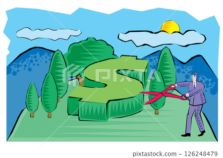 Clipart of A businessman cuts the Dollar Sign tree with scissors vector Clipart of A businessman cuts the Dollar Sign tree with scissors vector 126248479