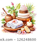 Watercolor illustration: spa setting with smooth stones, lit candles, bright flowers  126248600