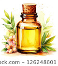 Watercolor illustration of a bottle with aromatic oils and flowers on a white background. 126248601